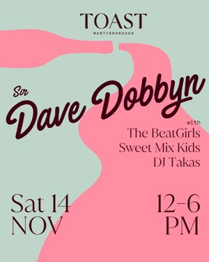 Toast Martinborough Poster with text Sir Dave Dobbyn with The Beat Girls, Sweet Mix Kids, DJ Takas. Sat 14 Nov 12-6pm.